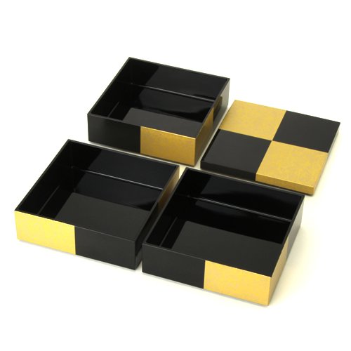 Amazon.co.jp: みよし漆器本舗 5寸 三段重箱 市松GOLD 黒 お重箱 箱膳